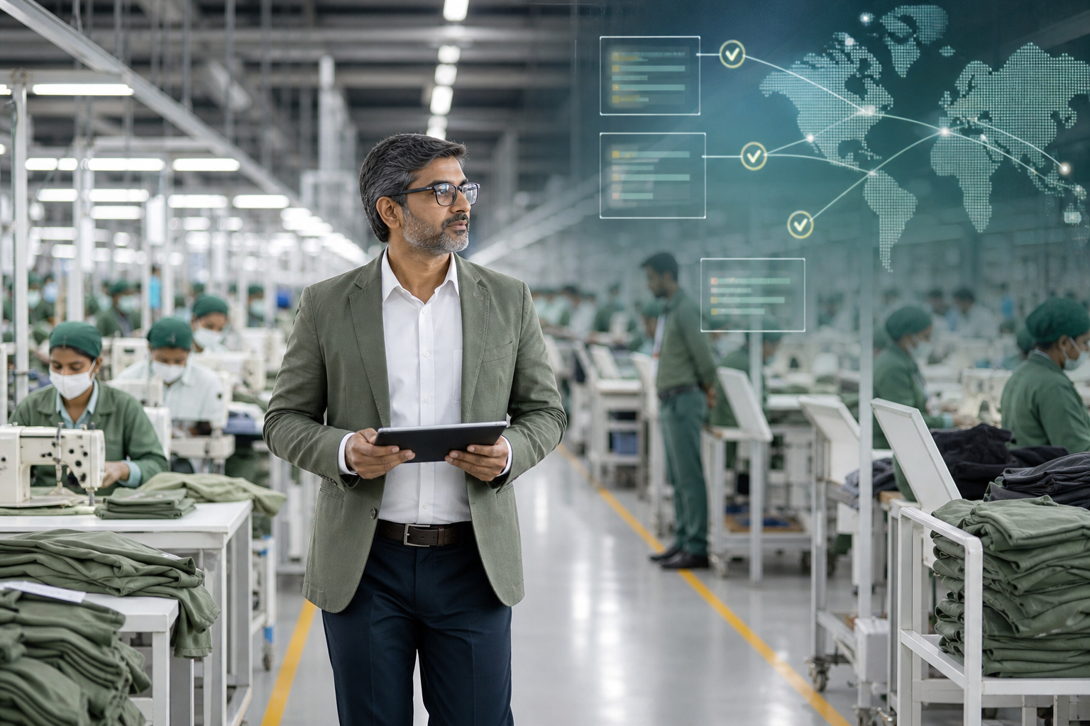 Manufacturing plant manager on a modern apparel production floor