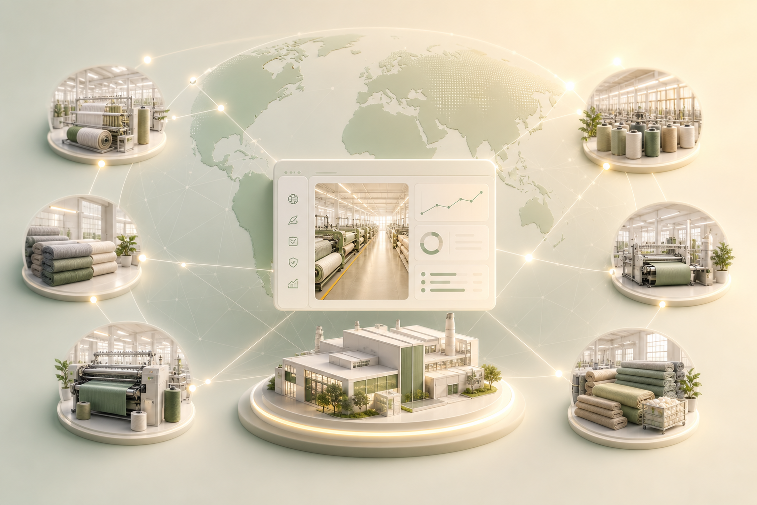 Supply chain network graphic connecting mills to a manufacturing hub