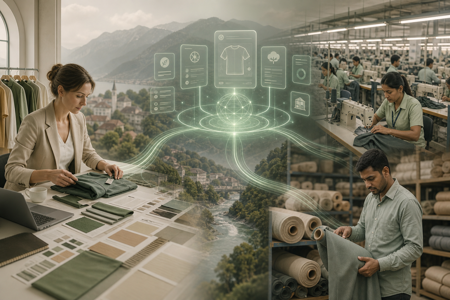 Brand, manufacturing plant, and textile supplier connected by glowing data threads into a shared product hub