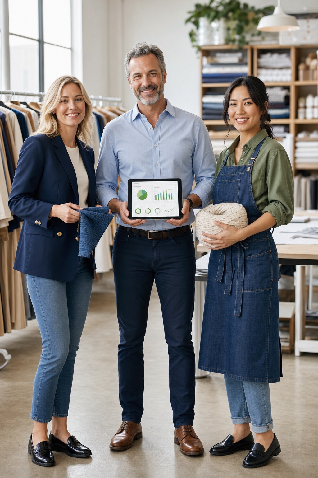 Buyer, manufacturer, and supplier collaborating over live product data in a textile studio